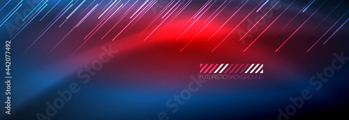 Neon glowing lines, magic energy and light motion background. Vector wallpaper template