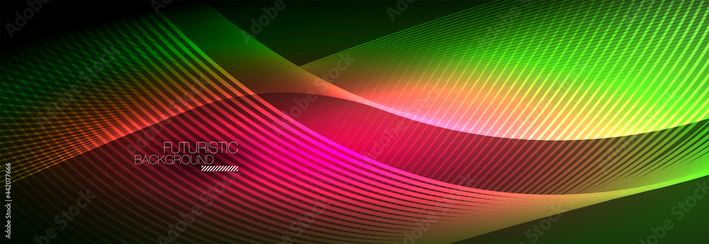 Abstract neon glowing light in the dark with waves. Shiny magic energy and motion concept, vector abstract wallpaper background Abstract neon glowing light in the dark with waves. Shiny magic energy and motion concept, vector abstract wallpaper background
