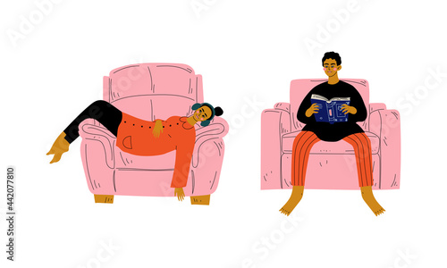 Man and Woman Character Sitting at Home in Comfortable Armchair Vector Set