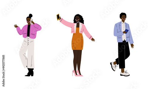 People Character Using Smartphone Speaking by Phone and Taking Selfie Vector Set