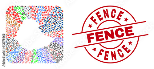 Vector collage Ethiopia map of different icons and Fence stamp. Mosaic Ethiopia map designed as carved shape from rounded square shape. Red round stamp with Fence word.
