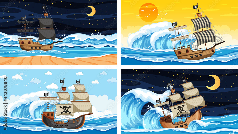 Obraz premium Four different beach scenes with pirate ship
