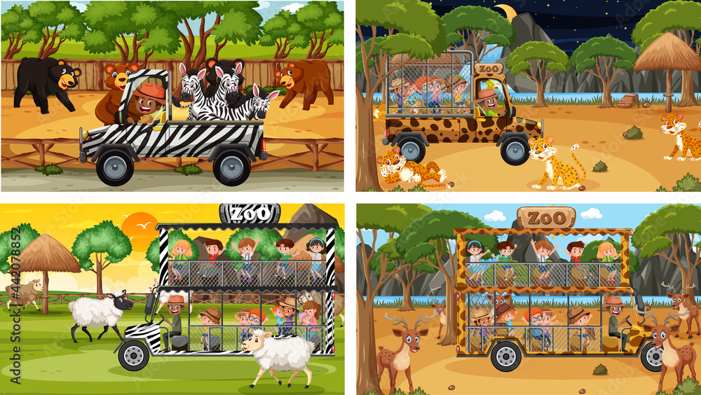 Set of different animals in safari scenes with kids