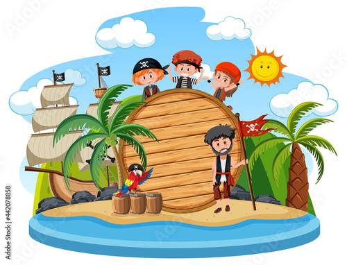 Pirate island with an empty banner isolated on white background