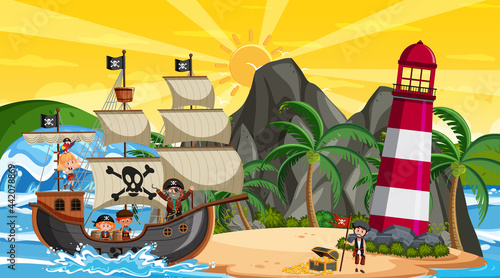 Ocean with Pirate ship at sunset scene in cartoon style