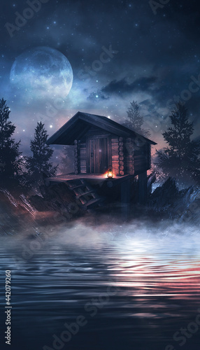 Night fantasy landscape with island of stones on the water  wooden fantasy house over water  night  moonlight  fog  night lantern  reflection in the water. 3D