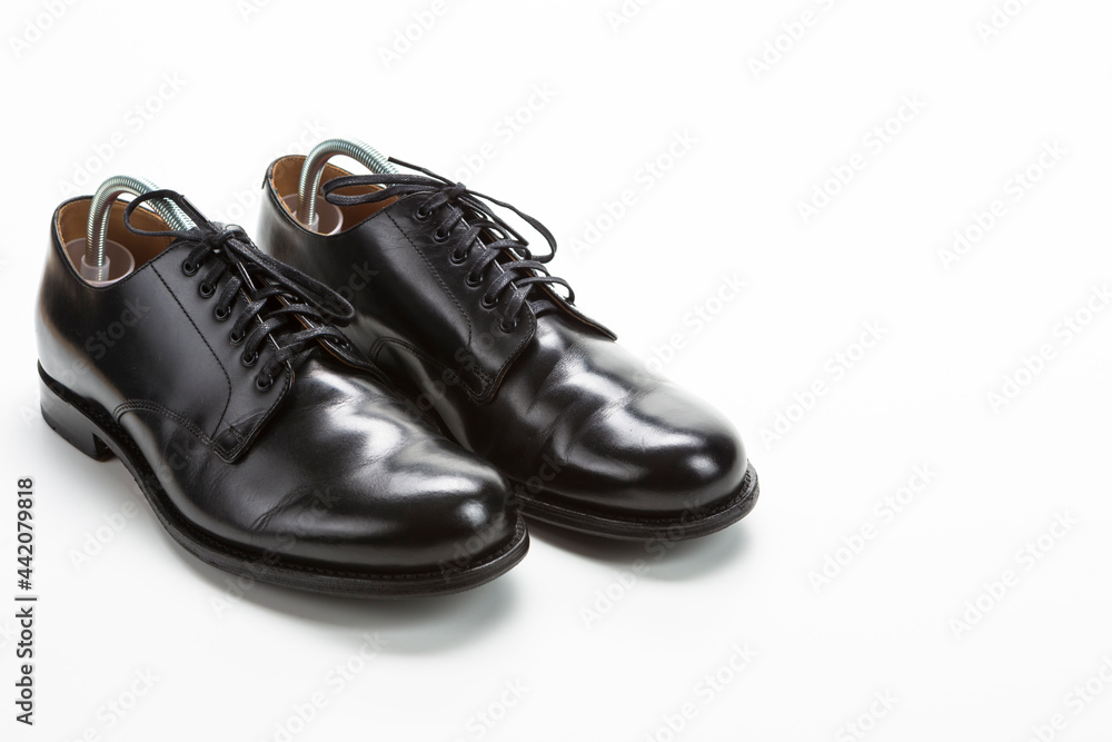 Footwear Concepts. Closeup of Pair of Male Stylish Black Polished Derby Calf Leather Laced Shoes.