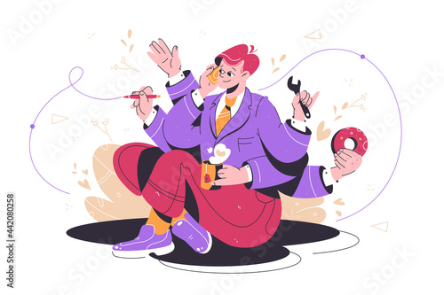 Busy multitasking man at work
