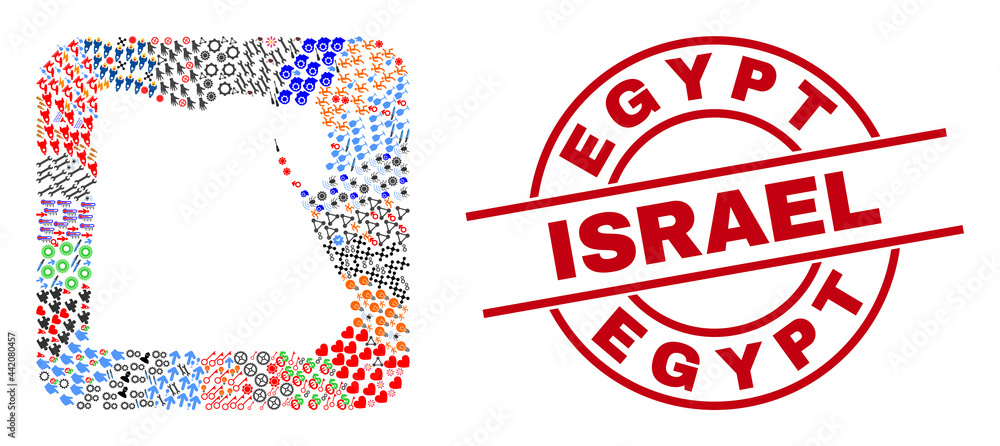 Vector collage Egypt map of different icons and Egypt Israel seal stamp. Collage Egypt map constructed as subtraction from rounded square shape. Red round seal with Egypt Israel text. Vector collage Egypt map of different icons and Egypt Israel seal stamp. Collage Egypt map constructed as subtraction from rounded square shape. Red round seal with Egypt Israel text.
