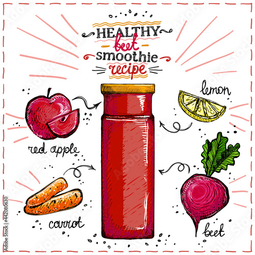 Healthy beet smoothie recipe, vegetarian smoothie menu with ingredients, vegetables set sketch