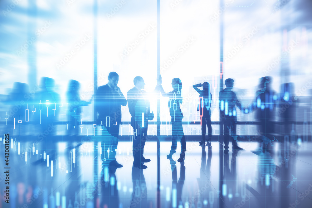 Teamwork and broker concept. Group of successful businesspeople standing in blurry office interior with forex chart. Double exposure.