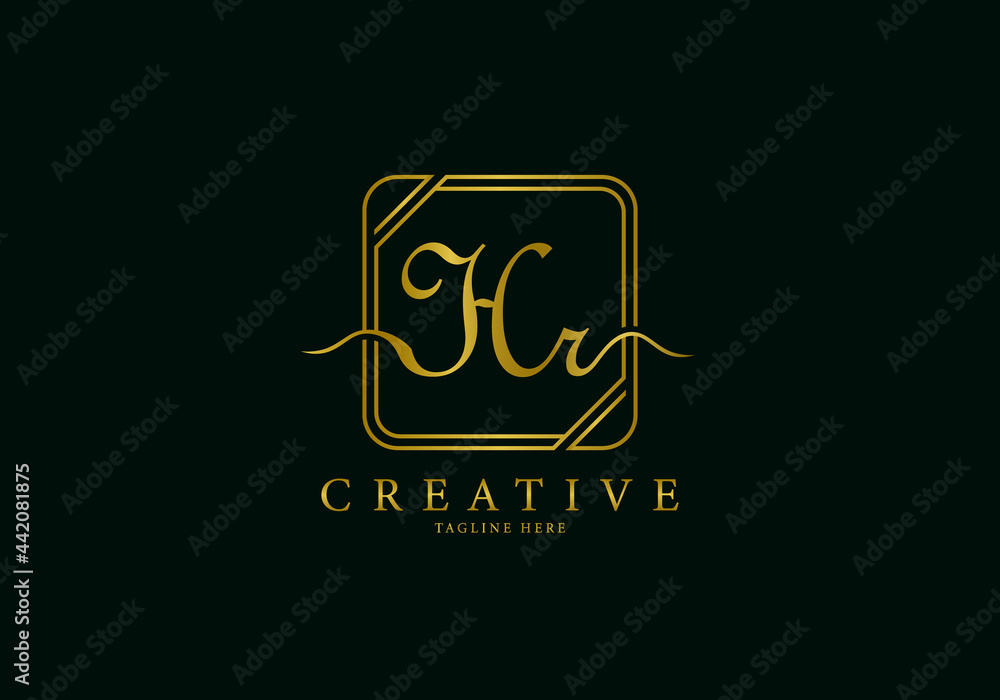 Initial HR Letter Golden Square Signature, Luxury Logo.