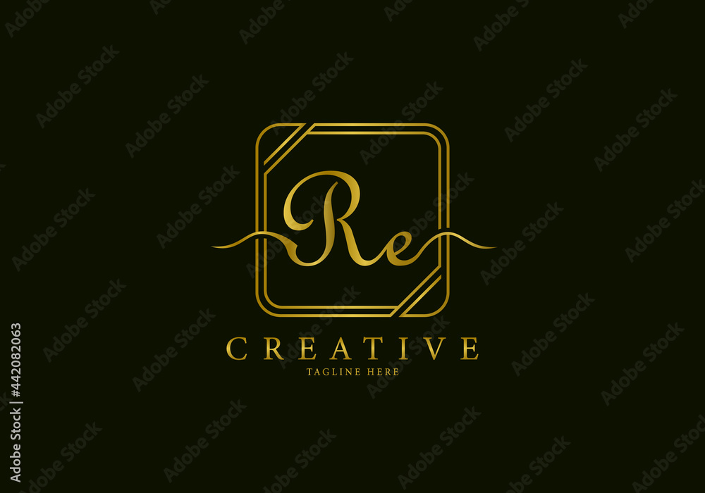 Initial RE Letter Golden Square Signature, Luxury Logo.