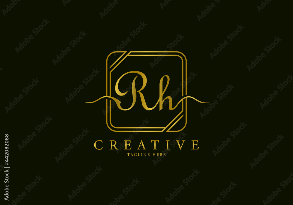 Initial RH Letter Golden Square Signature, Luxury Logo. Initial RH Letter Golden Square Signature, Luxury Logo.