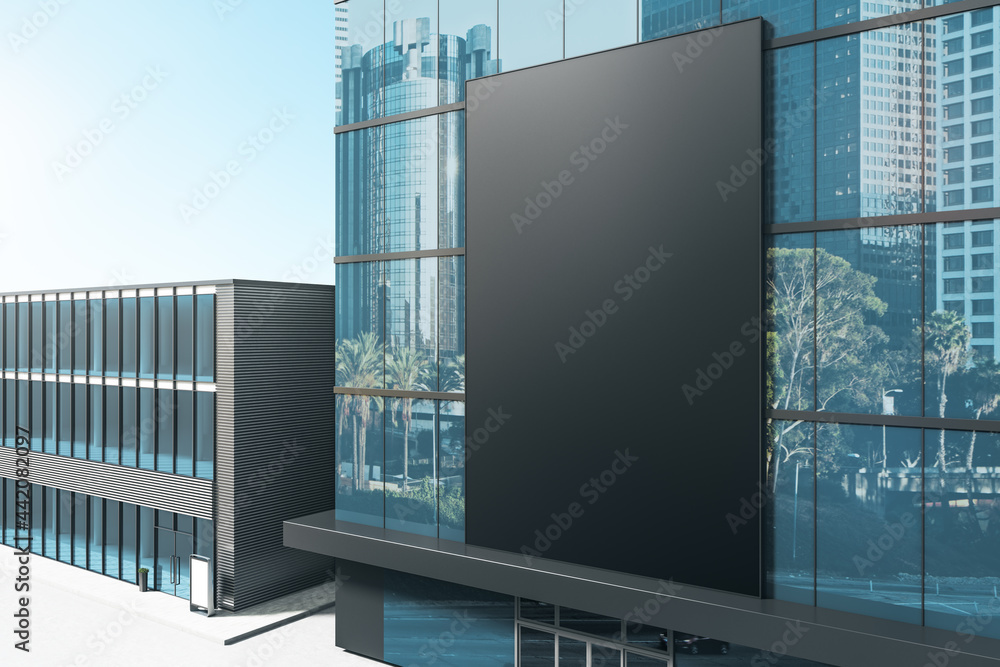 Clean black billboard on shiny glass building exterior with reflections and daylight. Mock up, 3D Rendering. Clean black billboard on shiny glass building exterior with reflections and daylight. Mock up, 3D Rendering.