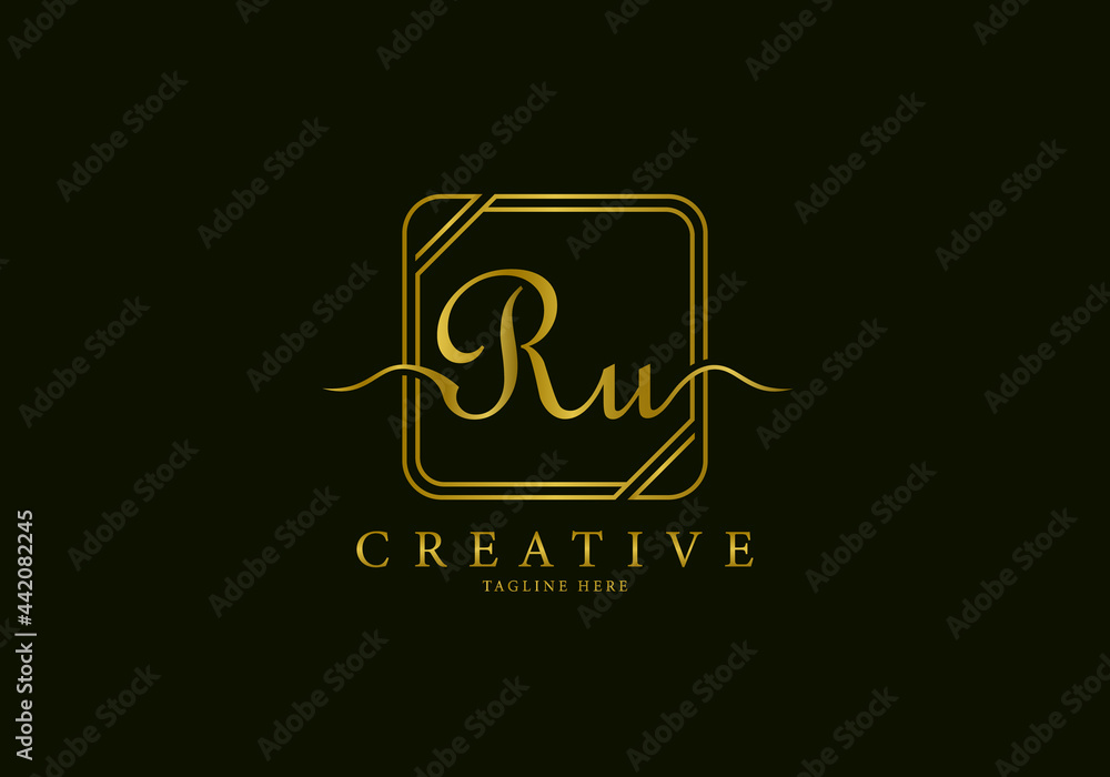 Initial RU Letter Golden Square Signature, Luxury Logo. Initial RU Letter Golden Square Signature, Luxury Logo.