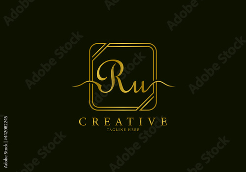 Initial RU Letter Golden Square Signature, Luxury Logo.