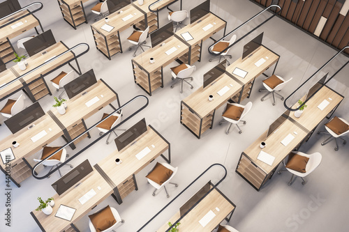 Top view of contemporary coworking office interior with workplaces. 3D Rendering. © Who is Danny