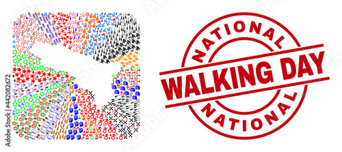 Vector collage Abkhazia map of different pictograms and National Walking Day stamp. Collage Abkhazia map constructed as subtraction from rounded square.