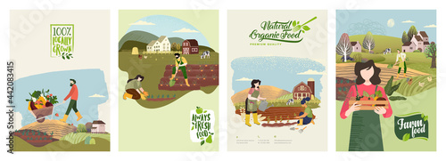 Organic farming, agriculture and gardening. Set of vector illustrations for posters, brochure covers, background, business presentation, marketing material for food market and restaurants.