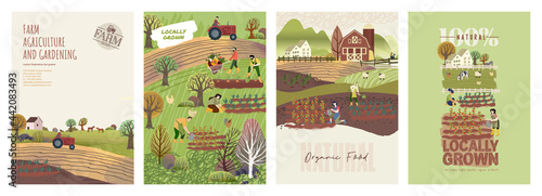 Organic farming, agriculture and gardening. Set of vector illustrations for posters, brochure covers, background, business presentation, marketing material for food market and restaurants.