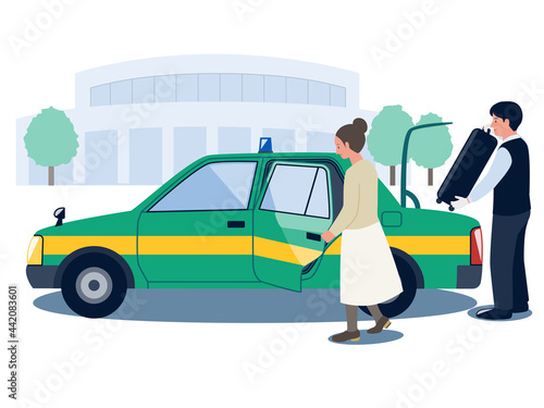 タクシーに乗り込もうとする女性とスーツケースをトランクに入れようとする男性タクシードライバーのベクターイラスト