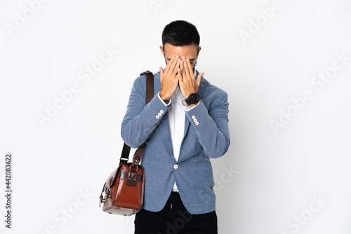 Young caucasian business man isolated on white background with tired and sick expression