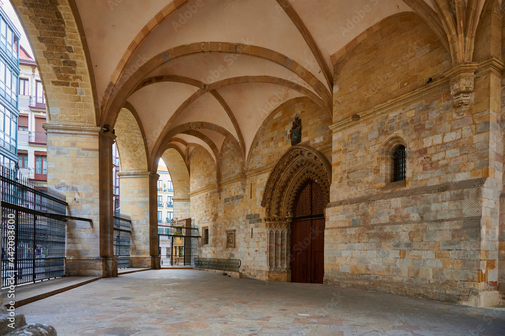 View of the vaulted arcade sheltering the east door of the Catedral de Santiago in the Old Town (Casco Viejo)  Bilbao