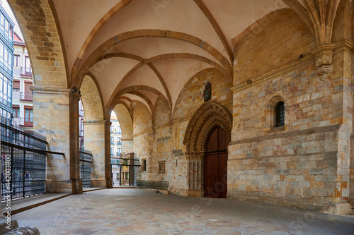 View of the vaulted arcade sheltering the east door of the Catedral de Santiago in the Old Town  Casco Viejo   Bilbao
