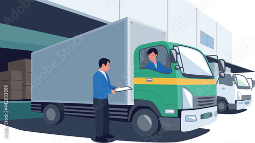 運送会社でトラックに乗る男性ドライバーと話をする男性従業員のベクターイラスト
