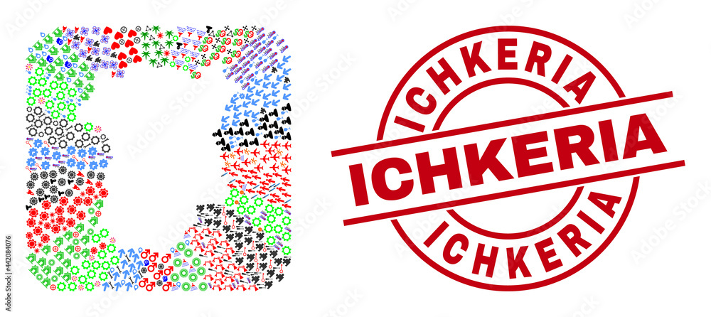 Vector mosaic Chechen Republic map of different symbols and Ichkeria stamp. Mosaic Chechen Republic map created as stencil from rounded square. Red round stamp with Ichkeria tag. Vector mosaic Chechen Republic map of different symbols and Ichkeria stamp. Mosaic Chechen Republic map created as stencil from rounded square. Red round stamp with Ichkeria tag.