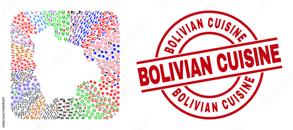 Vector mosaic Bolivia map of different pictograms and Bolivian Cuisine stamp. Mosaic Bolivia map constructed as carved shape from rounded square shape. Red round stamp with Bolivian Cuisine tag. Vector mosaic Bolivia map of different pictograms and Bolivian Cuisine stamp. Mosaic Bolivia map constructed as carved shape from rounded square shape. Red round stamp with Bolivian Cuisine tag.