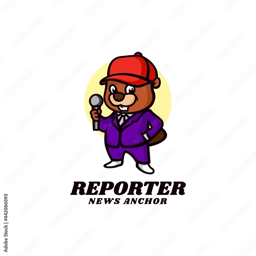 Vector Logo Illustration Beaver Reporter Mascot Cartoon Style.