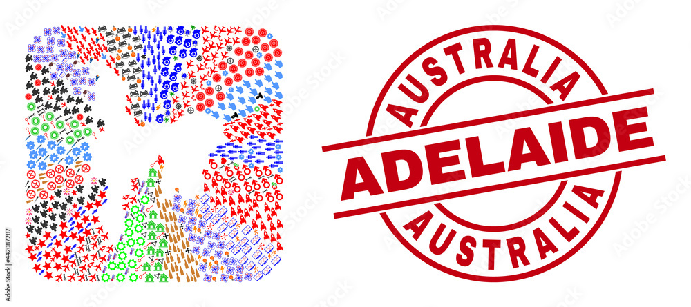 Vector mosaic Hamilton Island map of different symbols and Australia Adelaide badge. Mosaic Hamilton Island map created as hole from rounded square. Red round badge with Australia Adelaide caption.