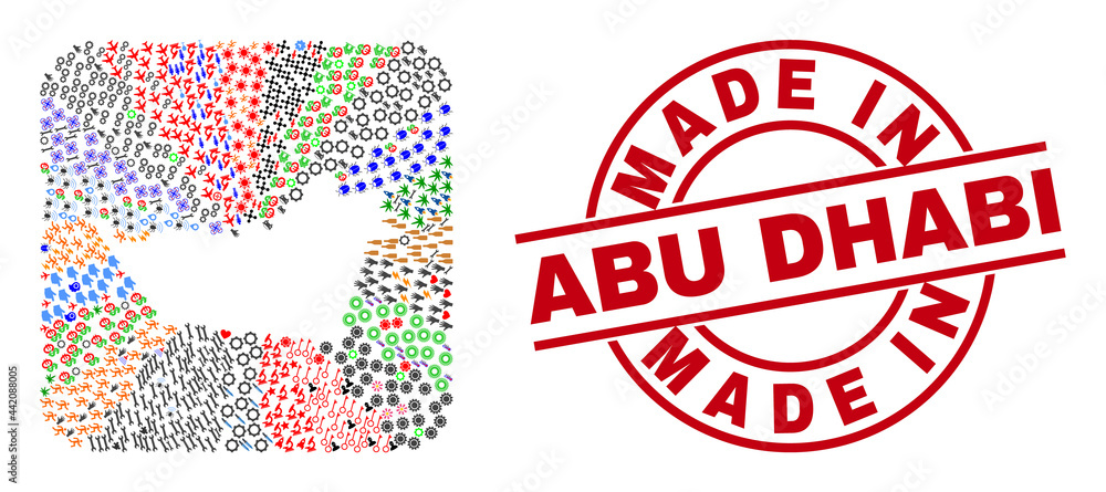 Vector mosaic Abu Dhabi Emirate map of different pictograms and Made in Abu Dhabi seal stamp. Mosaic Abu Dhabi Emirate map created as hole from rounded square shape. Vector mosaic Abu Dhabi Emirate map of different pictograms and Made in Abu Dhabi seal stamp. Mosaic Abu Dhabi Emirate map created as hole from rounded square shape.