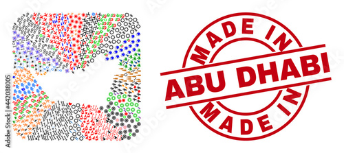 Vector mosaic Abu Dhabi Emirate map of different pictograms and Made in Abu Dhabi seal stamp. Mosaic Abu Dhabi Emirate map created as hole from rounded square shape.