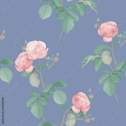 Floral seamless pattern, pink roses and green leaves on blue