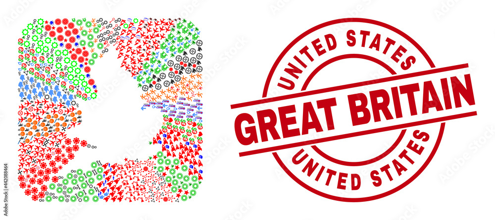 Vector mosaic England map of different icons and United States Great Britain seal stamp. Mosaic England map constructed as stencil from rounded square shape. Vector mosaic England map of different icons and United States Great Britain seal stamp. Mosaic England map constructed as stencil from rounded square shape.