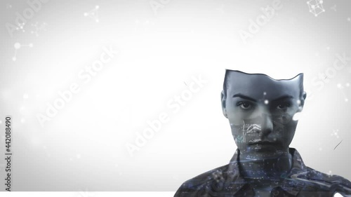 Liquid effect over a woman against molecular structures floating on grey background photo
