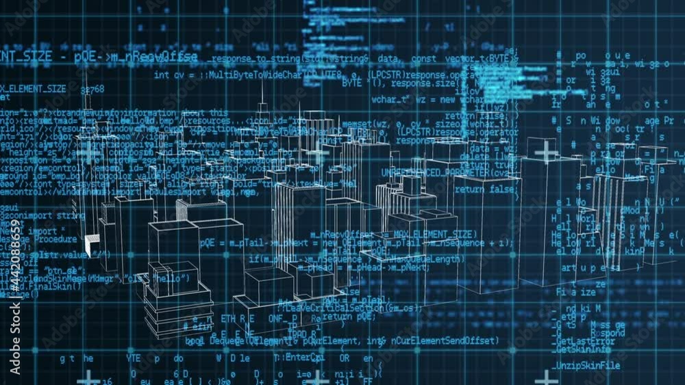 Animation of digital data processing over 3d cityscape spinning Animation of digital data processing over 3d cityscape spinning