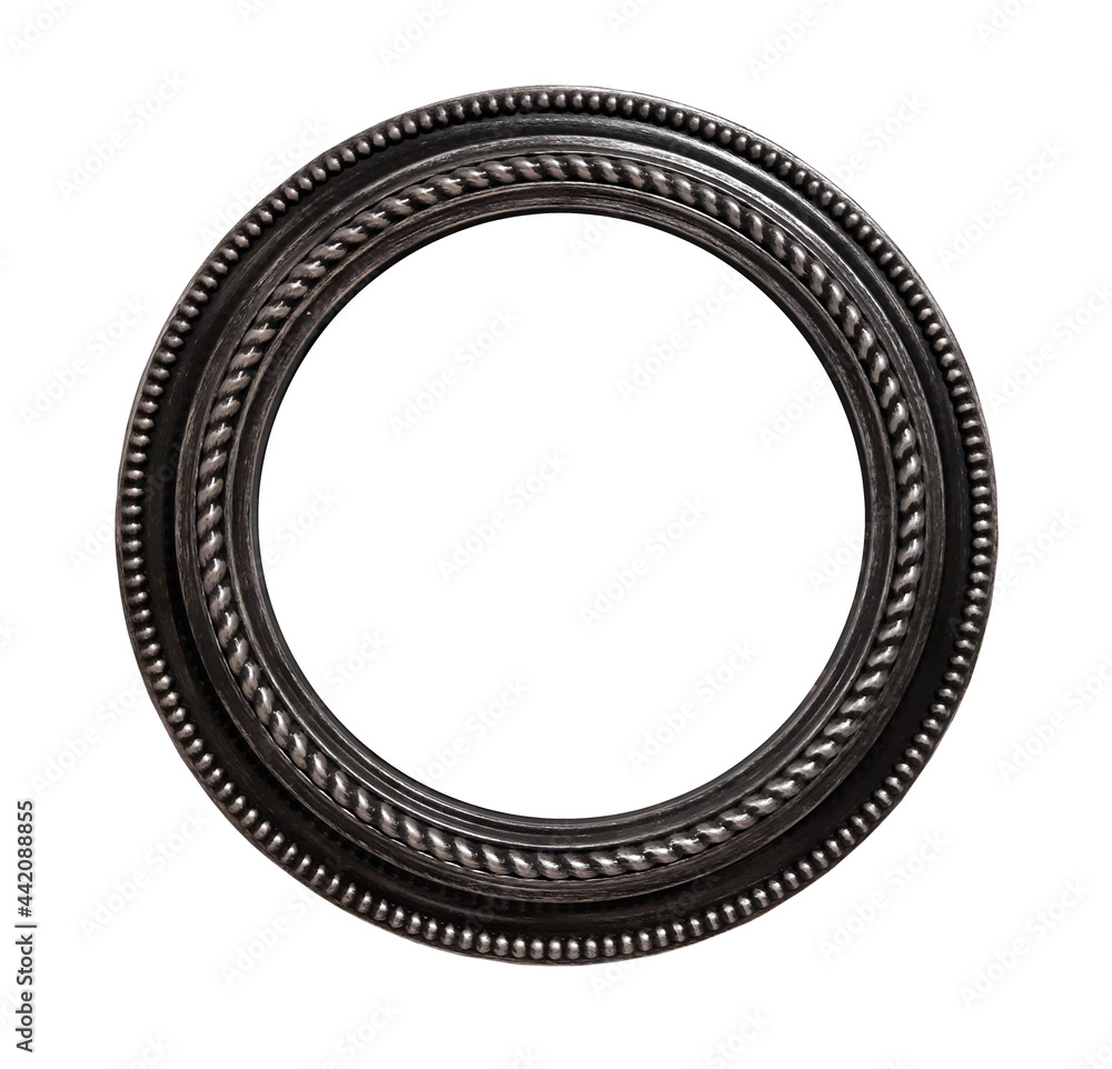 There is a round bronze frame. White background. Isolated. There is a round bronze frame. White background. Isolated.