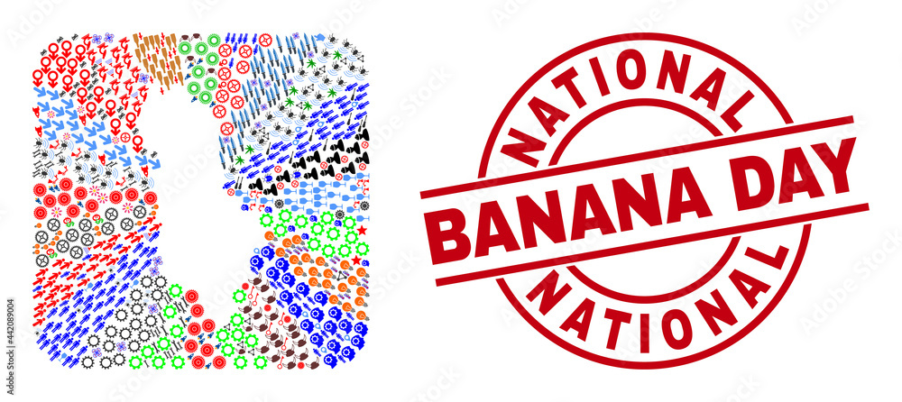 Vector collage Albania map of different pictograms and National Banana Day seal. Collage Albania map constructed as carved shape from rounded square shape. Vector collage Albania map of different pictograms and National Banana Day seal. Collage Albania map constructed as carved shape from rounded square shape.