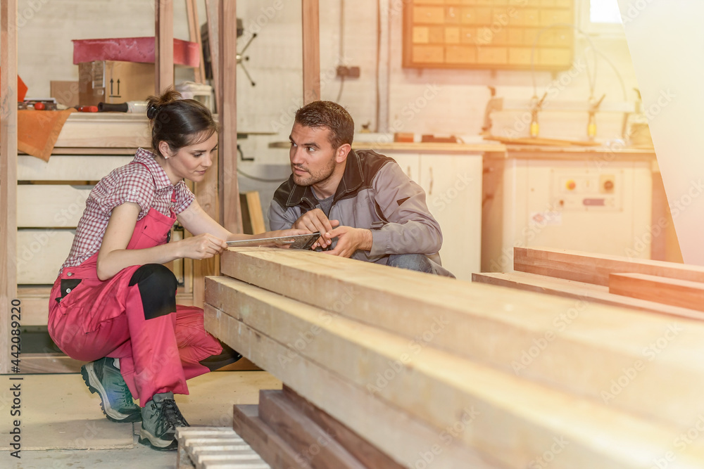 Carpenters choose a piece of wood in the workshop Carpenters choose a piece of wood in the workshop