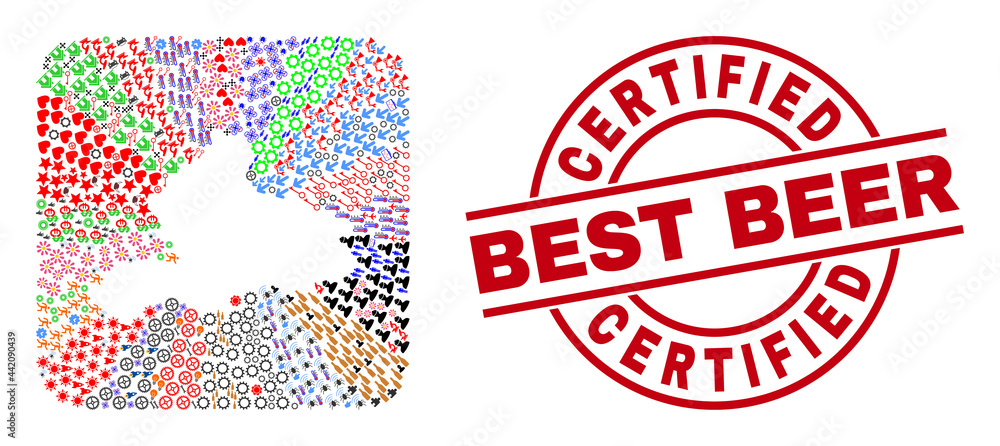 Vector mosaic Gelderland Province map of different symbols and Certified Best Beer seal. Mosaic Gelderland Province map designed as stencil from rounded square. Vector mosaic Gelderland Province map of different symbols and Certified Best Beer seal. Mosaic Gelderland Province map designed as stencil from rounded square.
