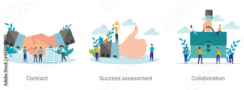 A set of vector illustrations on the topic of business.Contract, Success assessment,Collaboration.Abstract illustrations.