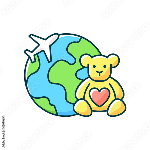 Orphanage tourism RGB color icon. Volunteer fly abroad for children charity support. Visit foreign country with kids. Isolated vector illustration. Travel industry category simple filled line drawing