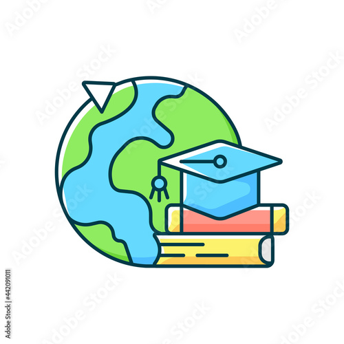 Student exchange programme RGB color icon. Flight abroad for university education. International trip for scholarship. Isolated vector illustration. Travel industry category simple filled line drawing