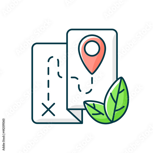 Ecotourism RGB color icon. Ethical and responsible trip. Eco friendly journey. Point of destination. Isolated vector illustration. Travel industry sustainability simple filled line drawing