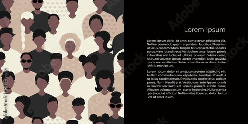 Stop racism and stronger together concept. BLM, Black lives matter,  African Americans and white people against racism. Vector Template with copy space for invitation, cards or banner and  poster, 