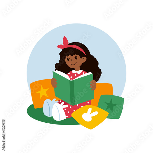 Hand-drawn flat vector illustration of a little girl reading a book. Cute african american kid sitting on the floor in pajama among pillows. Book lover, literature fan concept   isolated on white back